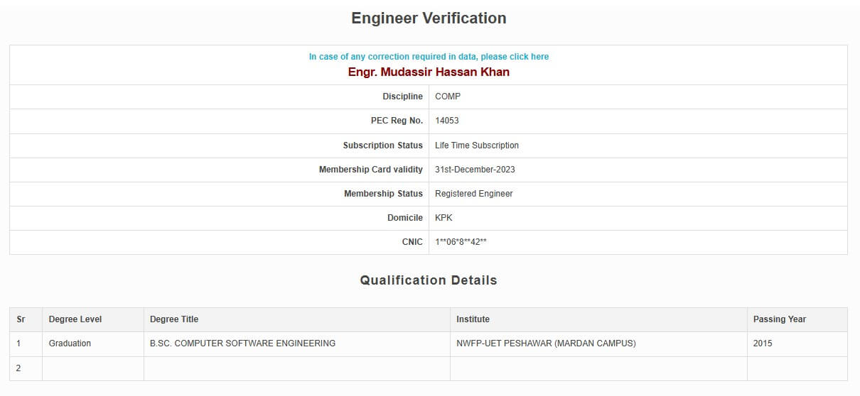 PEC Registered Engineer